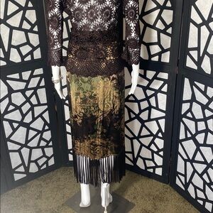 Lillie Rubin Green and Brown Pencil Skirt with Fringe